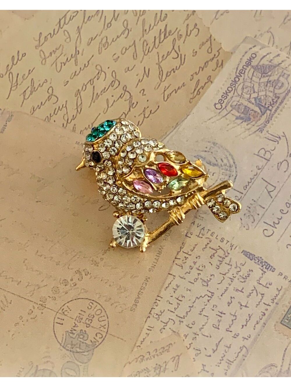 Colorful Rhinestone Bird Brooch with Sparkling Gems and Gold Tone